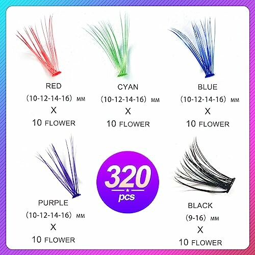 Assorted colorful artificial flowers in red, cyan, blue, purple, and black with size and quantity details.