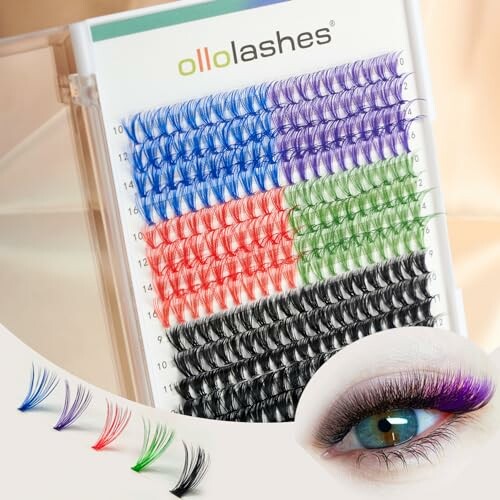 Colorful eyelash extensions in a variety of styles.