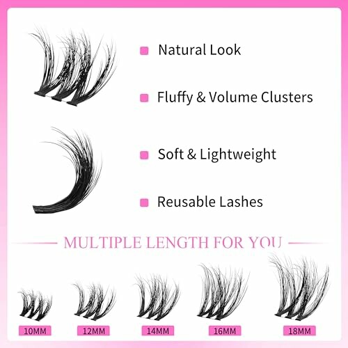 Eyelash extensions with features: natural look, fluffy clusters, soft lightweight, reusable, multiple lengths.