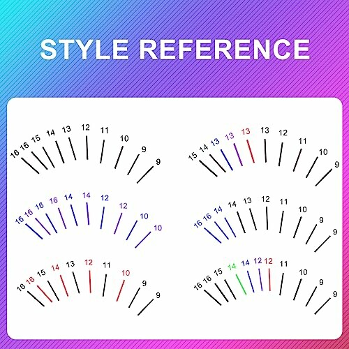 Lash style reference chart with different lengths and colors.