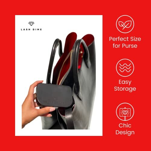 Hand placing a small organizer inside a black purse with text highlighting features.