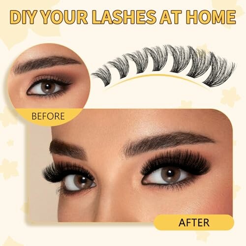 Before and after of applying false eyelashes.