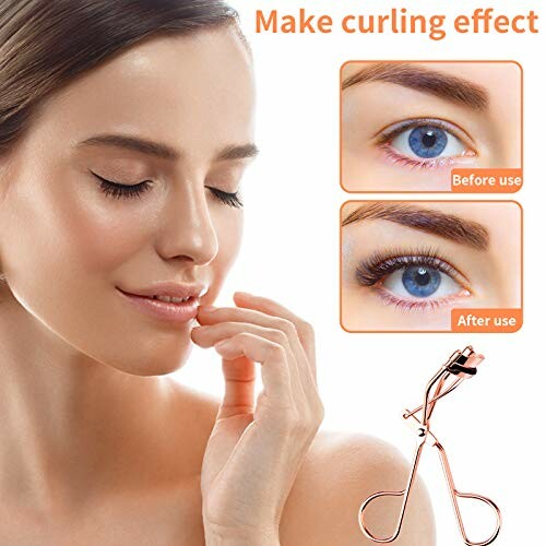 Woman using eyelash curler with before and after eye images.