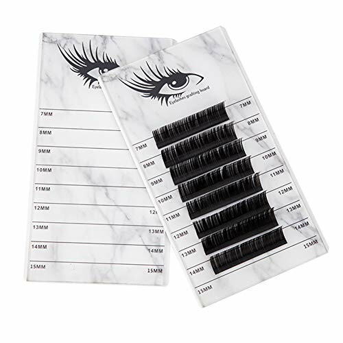 Eyelash extension trays with various lengths displayed.