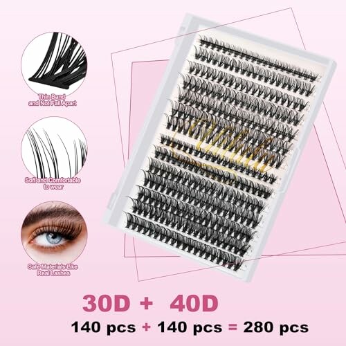 Eyelash extensions set with 280 pieces, featuring thin band, soft band, and safe materials.