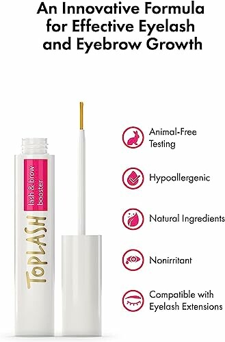 Eyelash and eyebrow growth serum with benefits like animal-free testing, hypoallergenic, natural ingredients, nonirritant, compatible with extensions.