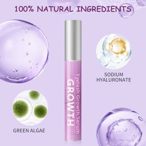 Eyelash growth serum with 100% natural ingredients including green algae and sodium hyaluronate.