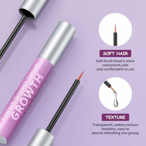 Eyelash growth serum with soft brush and non-greasy texture.