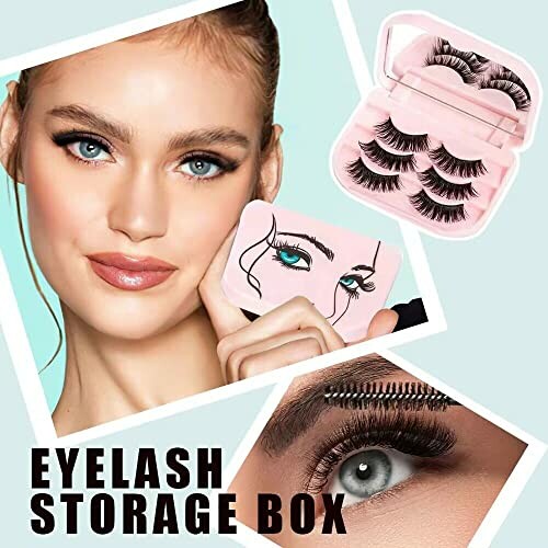 Eyelash storage box with model showcasing eyelashes and close-up of eye.