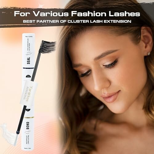 Woman showcasing fashion lashes with lash extension product.