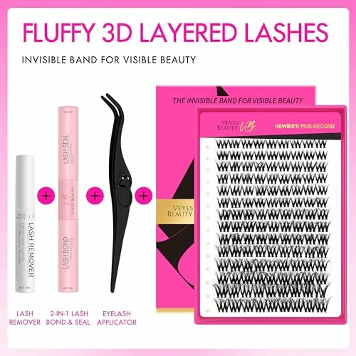 Fluffy 3D layered lashes kit with lash remover, bond and seal, applicator, and lashes.