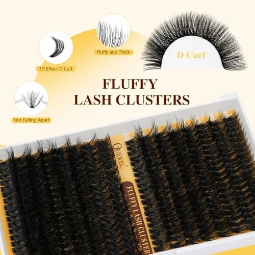 Display of fluffy lash clusters with D curl and 3D effect.