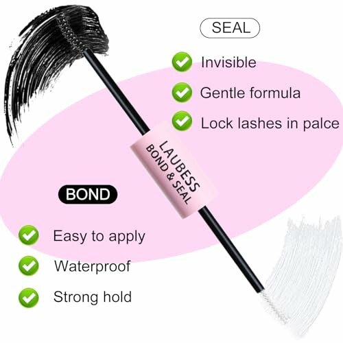 Lash bond and seal product with application brush and features listed.