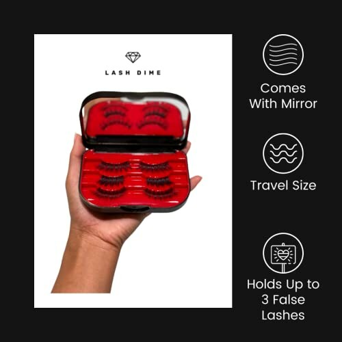 Hand holding a travel size lash storage case with mirror.