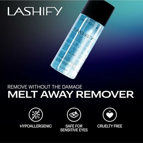 Lashify Melt Away Remover product image with features: hypoallergenic, safe for sensitive eyes, cruelty-free.