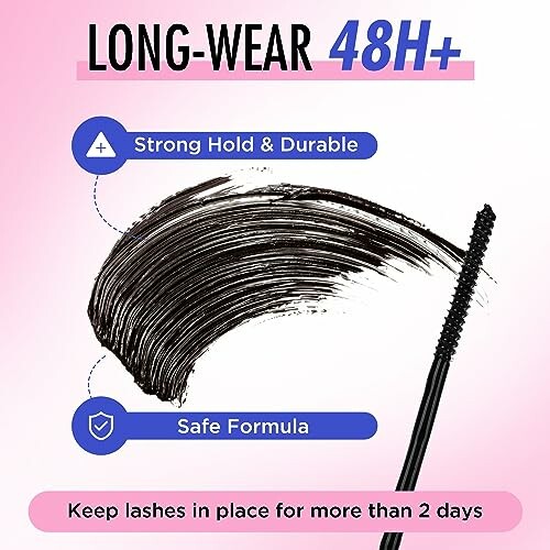 Mascara promoting long-wear 48 hours with strong hold and safe formula.