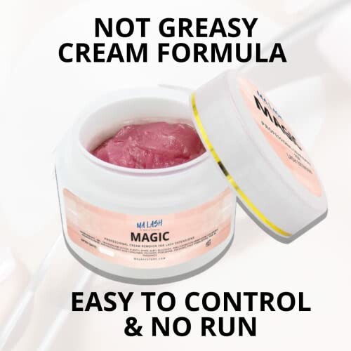 Open jar of pink cream labeled 'Magic' with text 'Not greasy cream formula, easy to control & no run'.