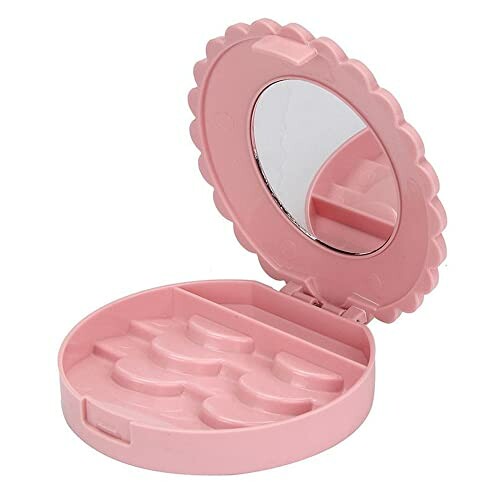 Pink eyelash storage case with a built-in mirror.