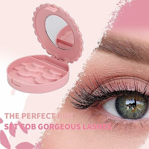 Pink eyelash case with mirror and close-up of eye with lush lashes.