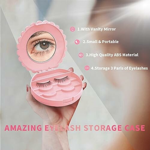 Pink eyelash storage case with mirror and compartments for eyelashes.