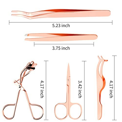 Rose gold beauty tools including tweezers, eyelash curler, scissors, and applicator with measurements.