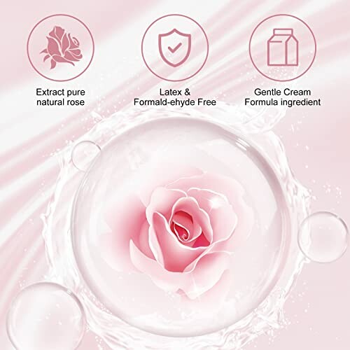 Illustration of skincare benefits with a pink rose, highlighting natural rose extract, latex and formaldehyde-free, and gentle cream formula.