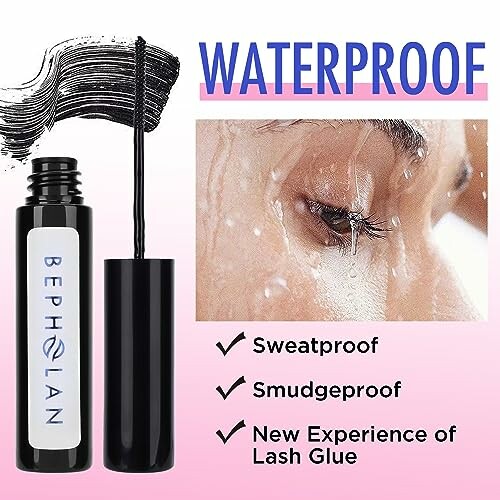 Waterproof mascara with sweatproof and smudgeproof features.